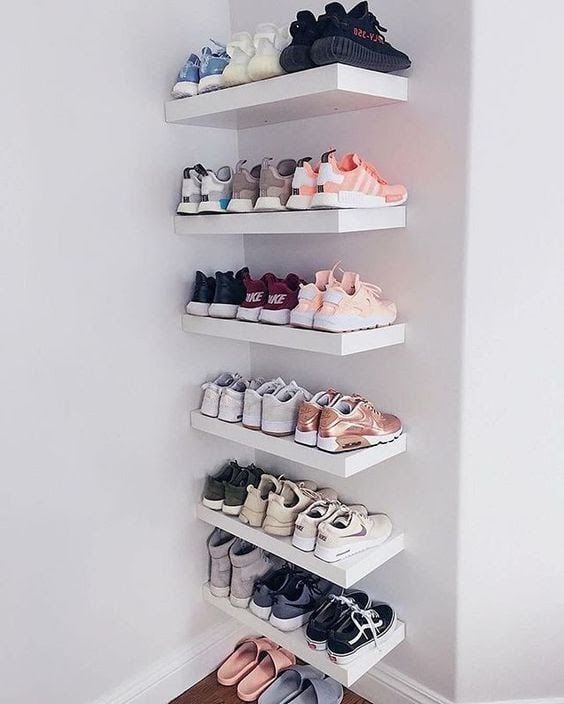 Shelf for bedroom with shoes.