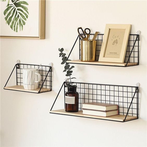 Shelf for bedroom with black grid.