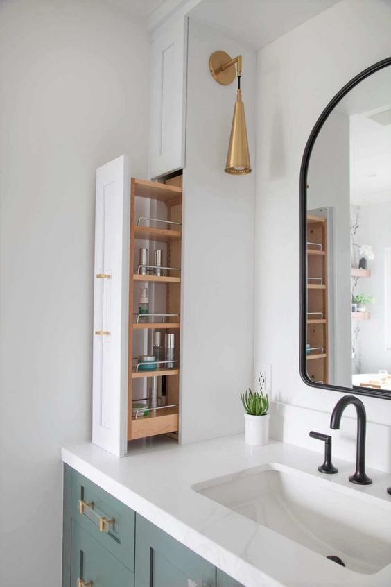 Narrow bathroom cabinet.