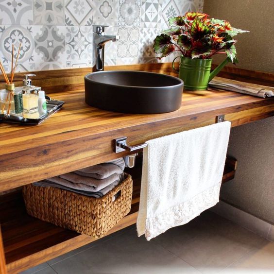 Wooden bathroom counter.