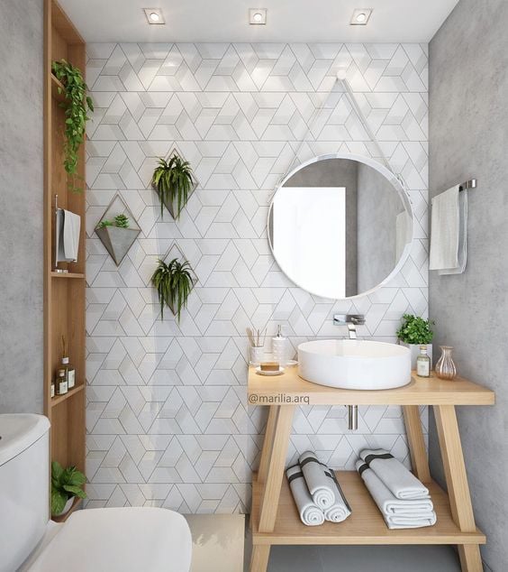 Bathroom with geometric wall.