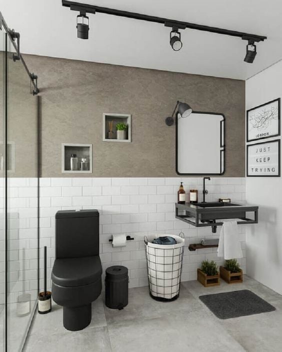 Simple white, black and gray bathroom.