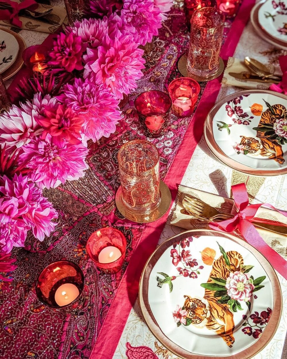 romantic dinner table set with lots of colors and details