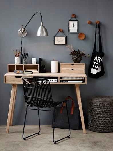 Wooden table and iron chair.