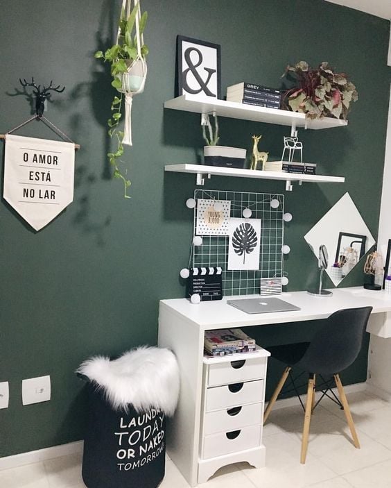 Dark green home office.