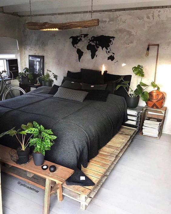 Bedroom with pallet bed.