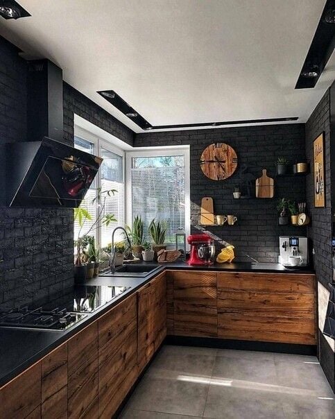 Rustic kitchen decor with black walls.