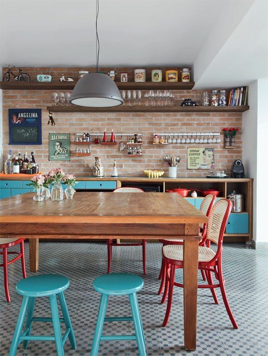 Kitchen with blue benches.