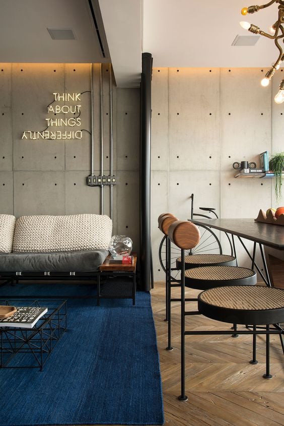 Living room with blue carpet.