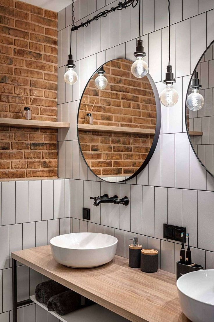 Bathroom with exposed bricks.