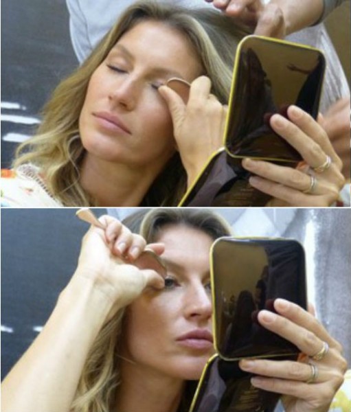 gisele bündchen doing eyelash curlers with a spoon