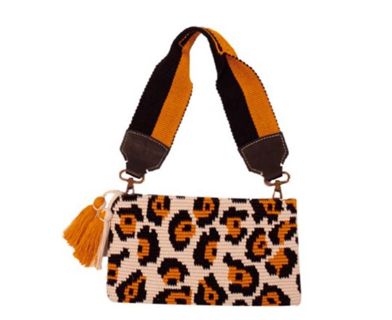 Crossbody bag with leopard pattern crochet strap