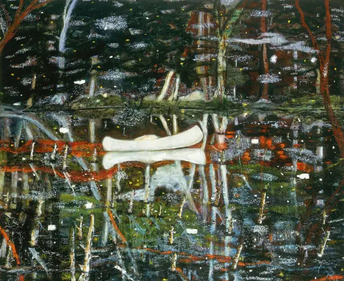 White canoe painting by artist Peter Doig, collaborator of Dior Homme winter 21