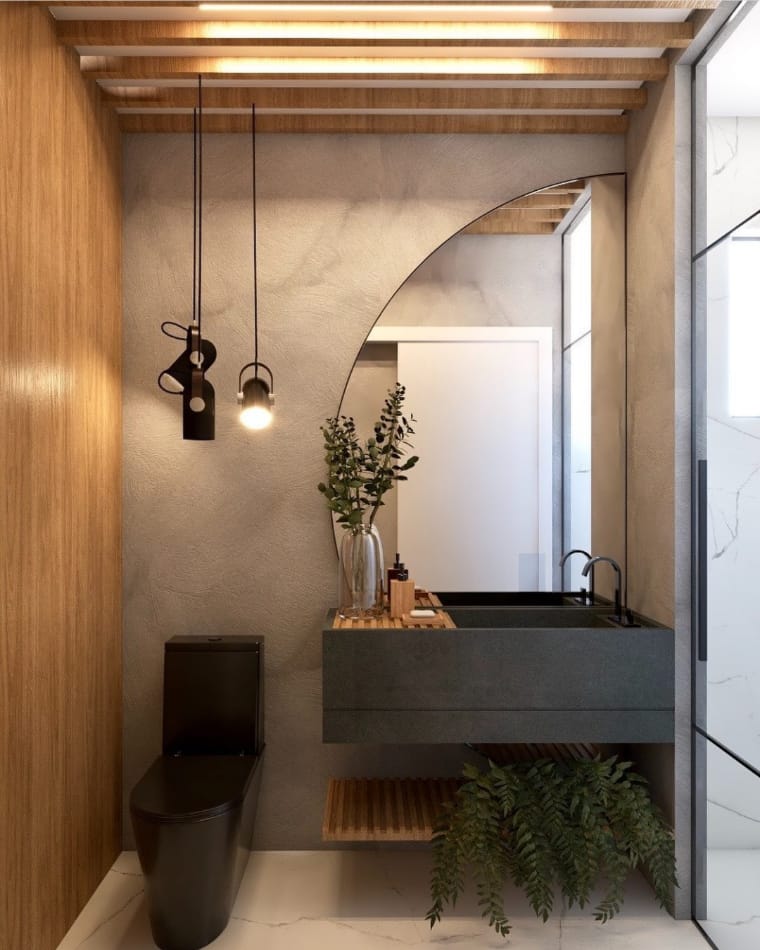 Bathroom with wooden wall. Directed luminaire