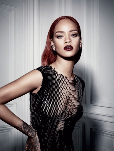 Rihanna in metallic red lipstick