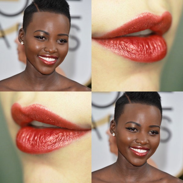 Lupita Nyong'o wearing metallic red lipstick