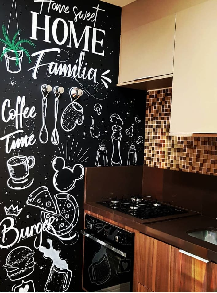 Kitchen with chalkboard wall