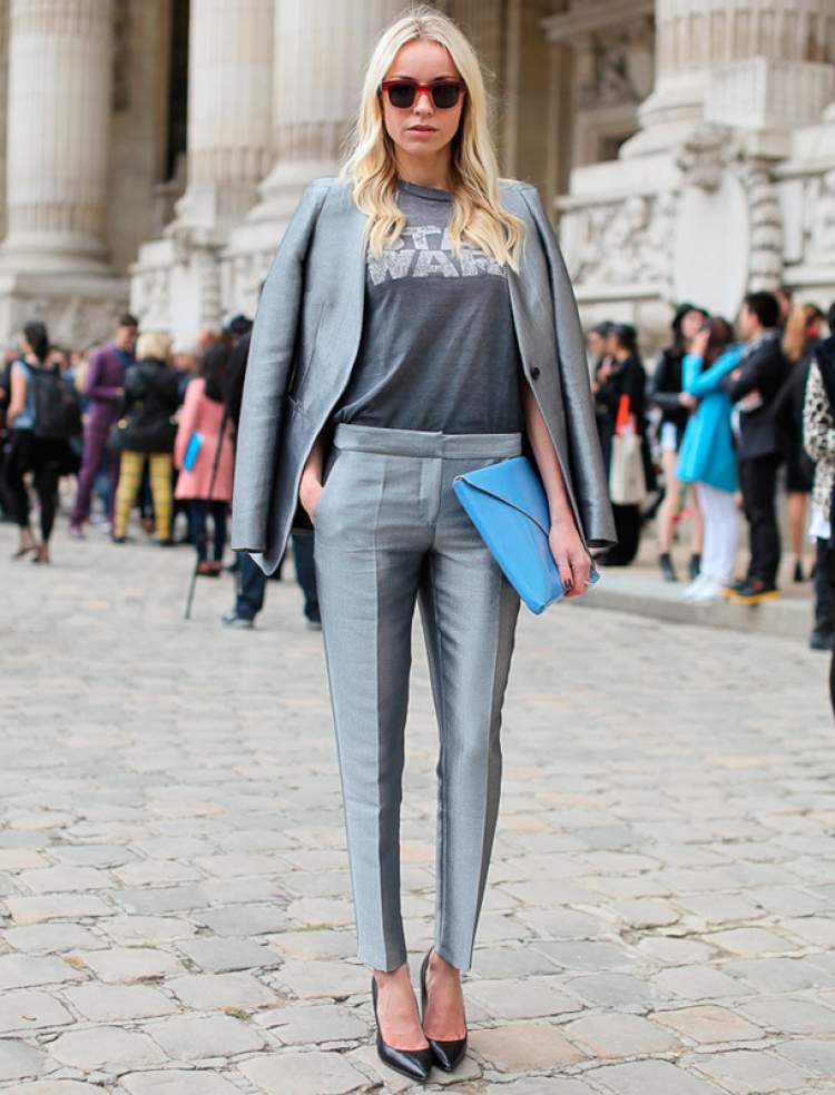 Tailoring + T-shirt create a Hi-Lo look