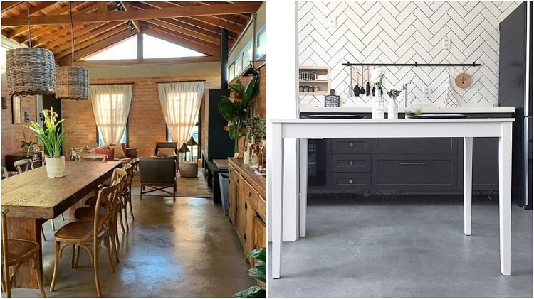 two kitchens with burnt cement floors