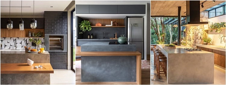 three kitchens with burnt cement countertops