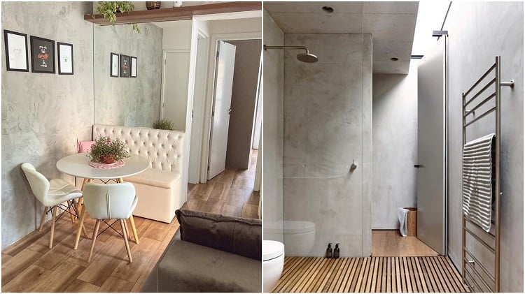 dining room and bathroom decorated with wood