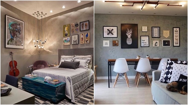 bedroom and living room with composition of paintings on burnt cement wall