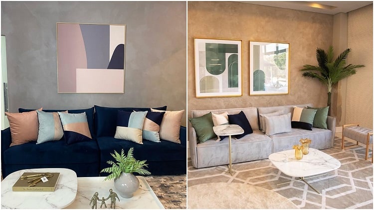 two photos of a living room with a painting and pillows in pastel tones