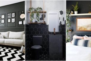 três fotos de cômodos com preto na decoração