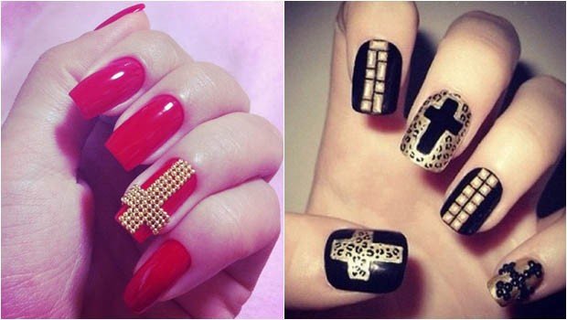 two models of nails decorated with a cross