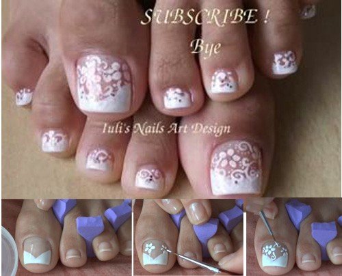 Decorated toe nails: French nails with flowers