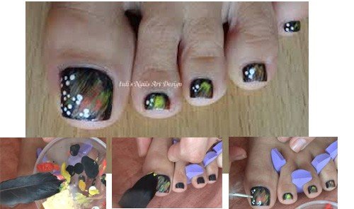 Decorated toenails: Smudged effect with feather