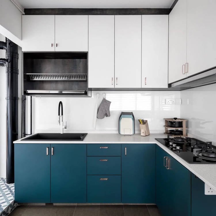 Room with blue and white custom closet.