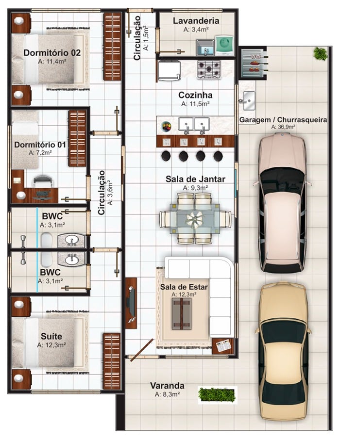 House with 3 bedrooms and two cars.