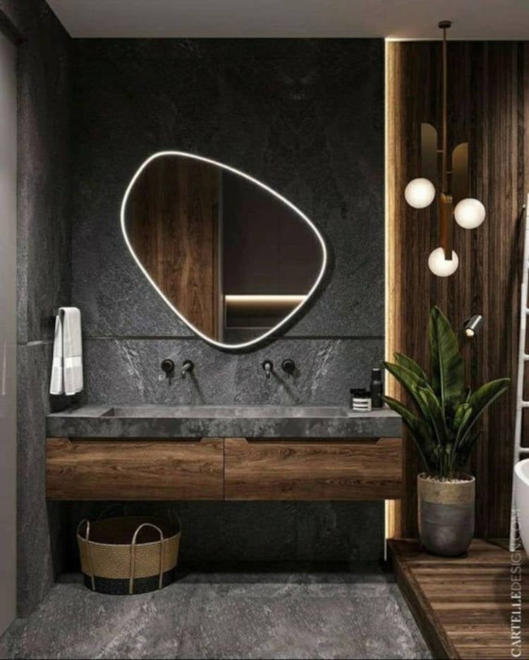 Gray bathroom. 