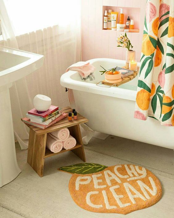 Colorful bathroom rug.