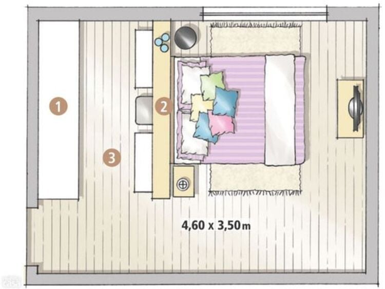 bedroom plan with colorful closet.