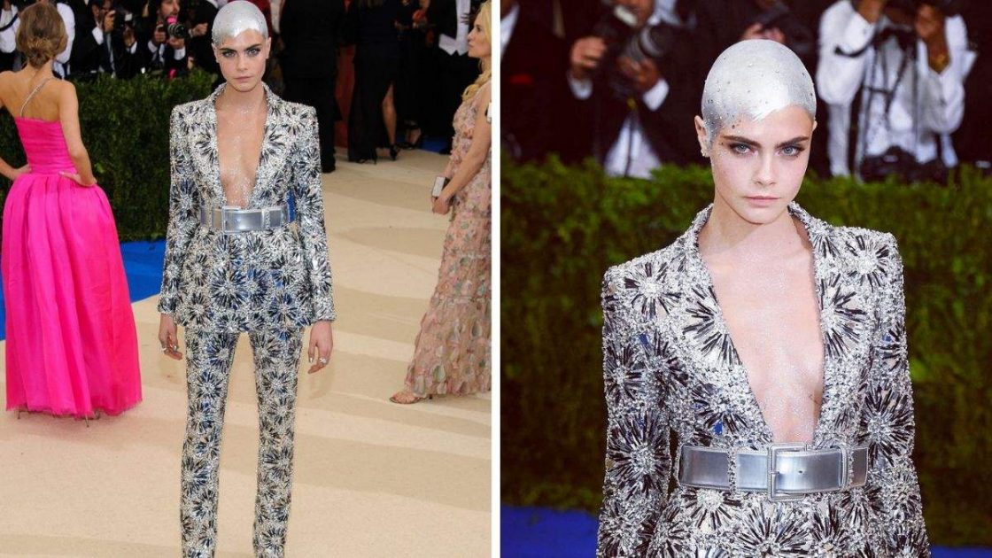 Cara Delevingne with very short, platinum hair