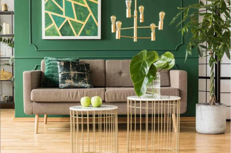 Living room with green wall.