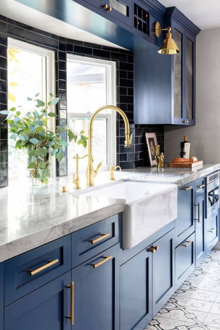 Kitchen with golden decor.