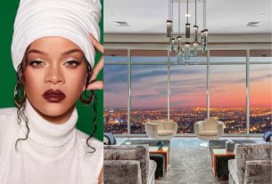 Montagem como foto do rosto de Rihanna usando touca branca e blusa de frio branca com outra ao lado de sua nova mansão, da sala com poltoronas e sofás com vista para a cidade.