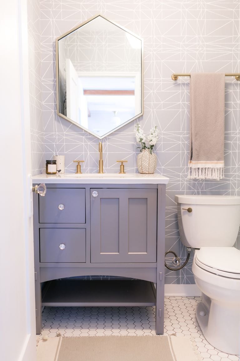 Small bathroom decorated in baby blue