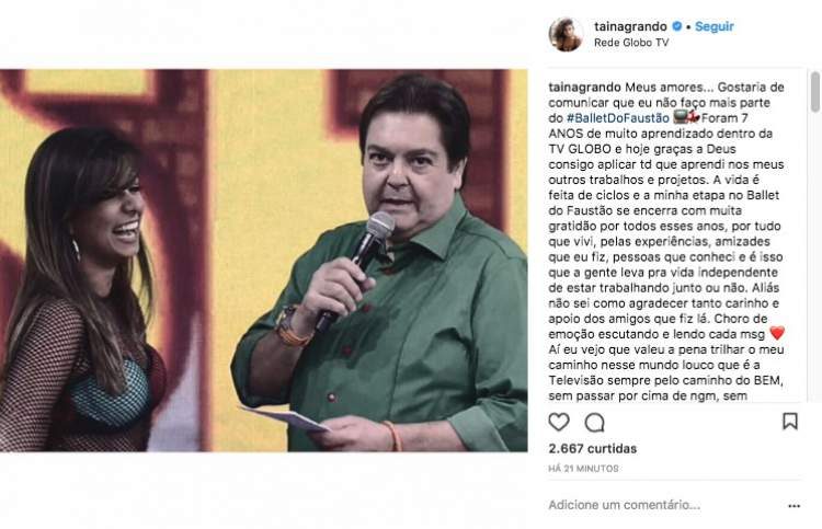 Tainá Grando vents and announces on social media her departure from the Faustão ballet