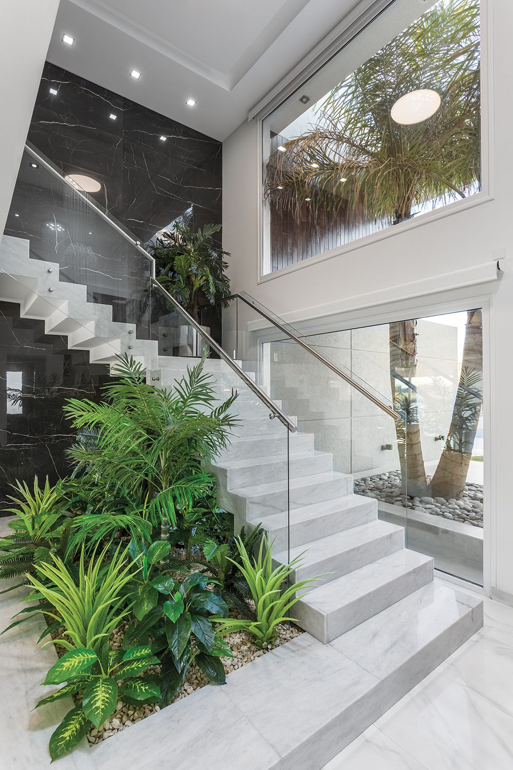 Black wall and white stairs.