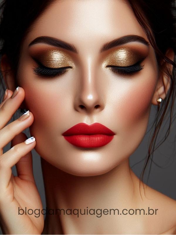 golden makeup with red lipstick