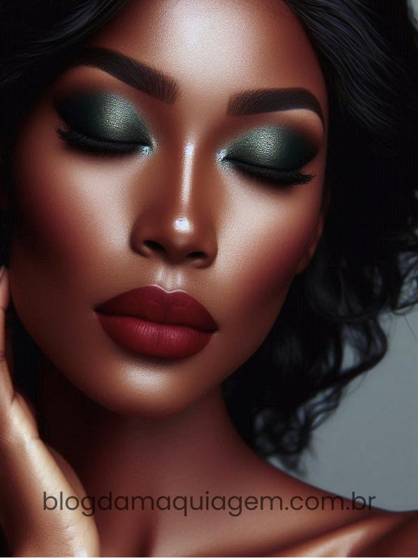 dark green makeup with dark red lipstick