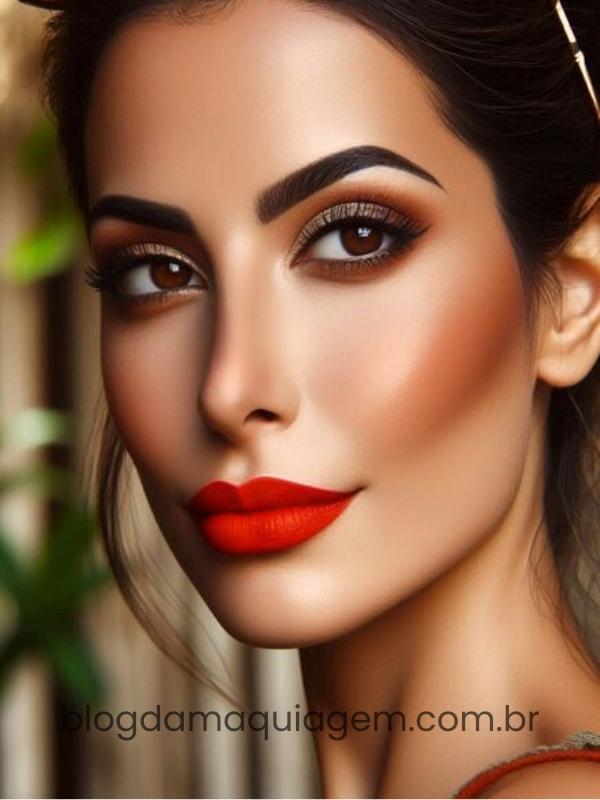 medium skin makeup with orange-red lipstick