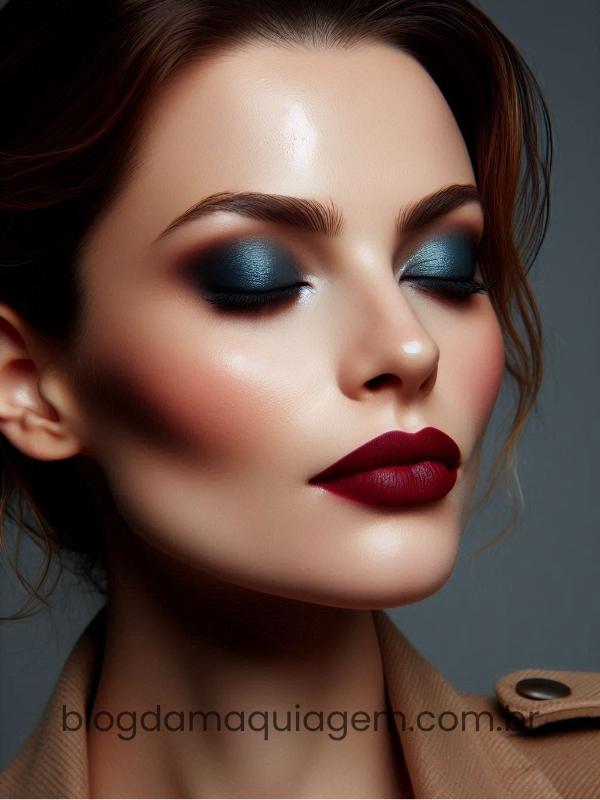 navy blue makeup with dark red lipstick