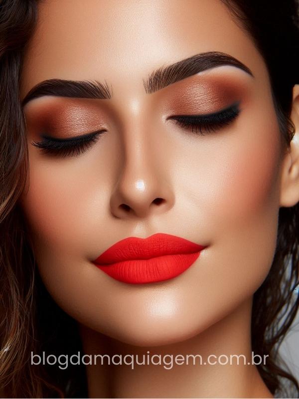 medium skin makeup with orange-red lipstick