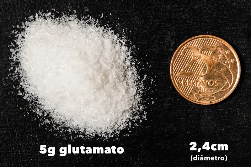 comparativo de 5g de glutamato com uma moeda de 25 centavos