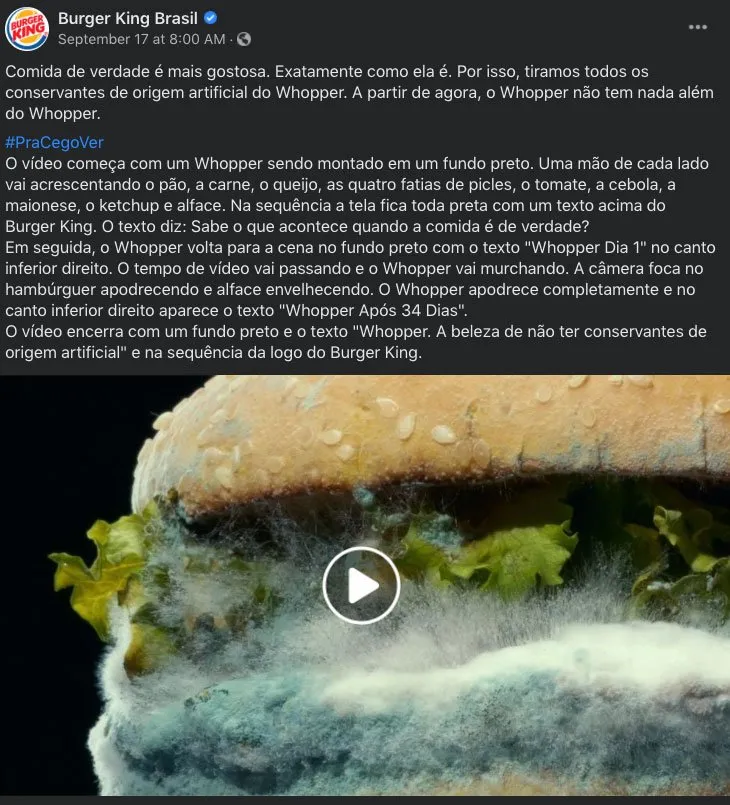 Whopper mofado do Burger King no video brasileiro.